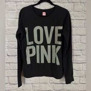 VS PINK Y2K Black LOVE PINK Glitter Logo Spell Out Crewneck Sweatshirt Size M